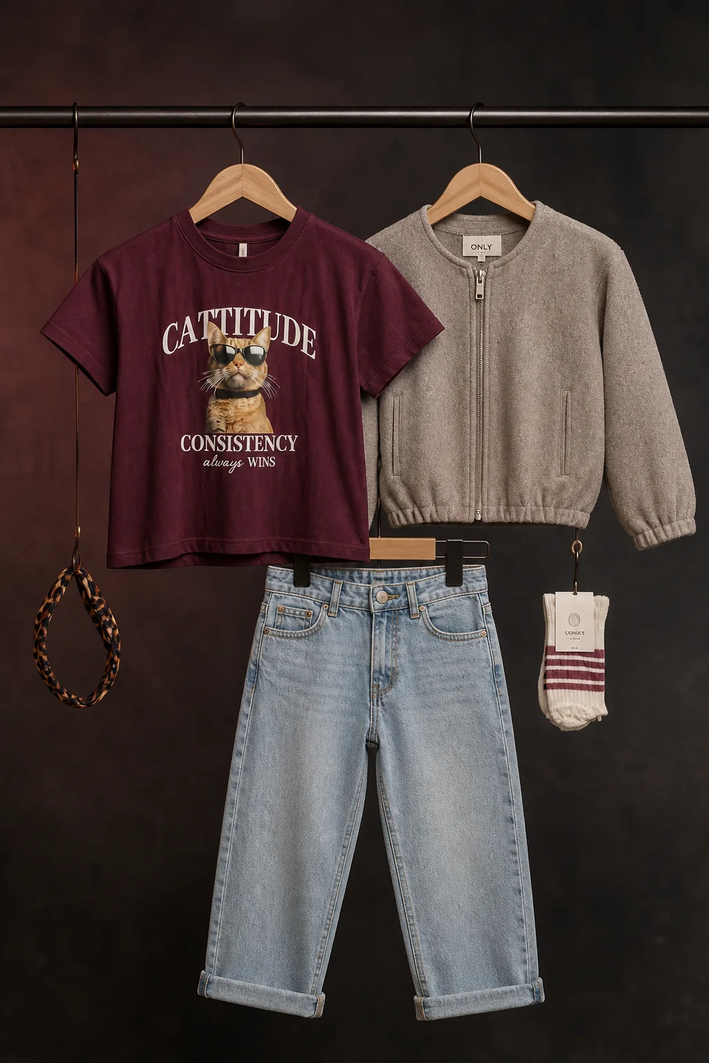 Cattitude Denim: Bordeaux statement-tee, zachte knit en lichtblauwe denim.