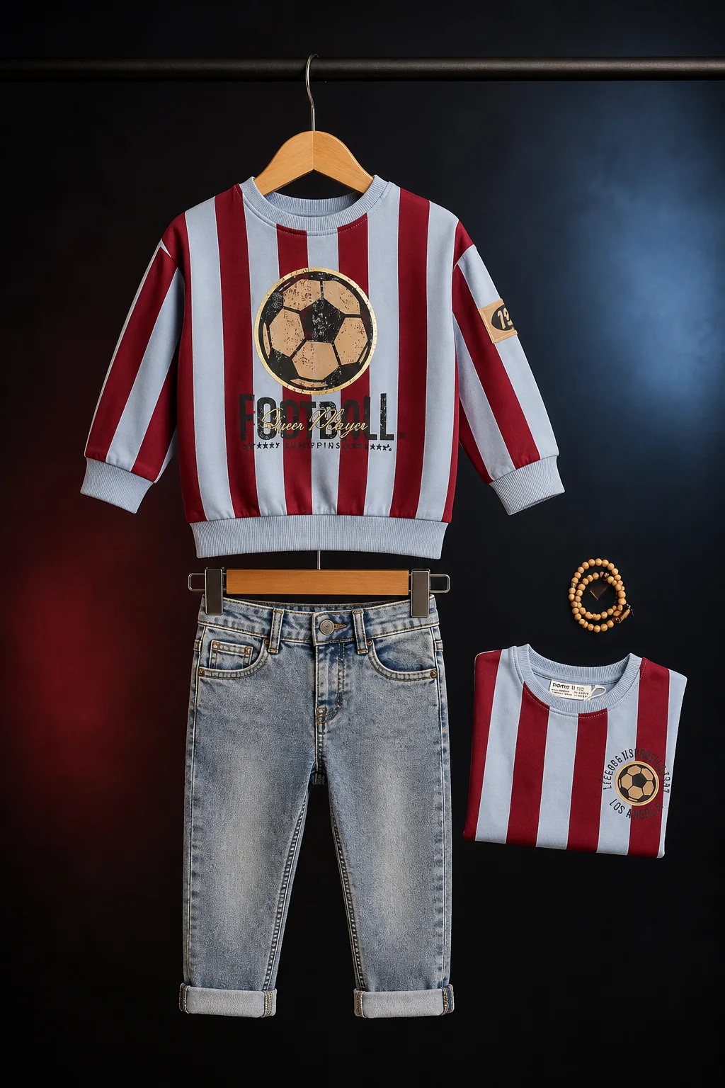 Football Stripes: Bordeaux-blauwe voetbalstrepen met een relaxte lichte jeans.