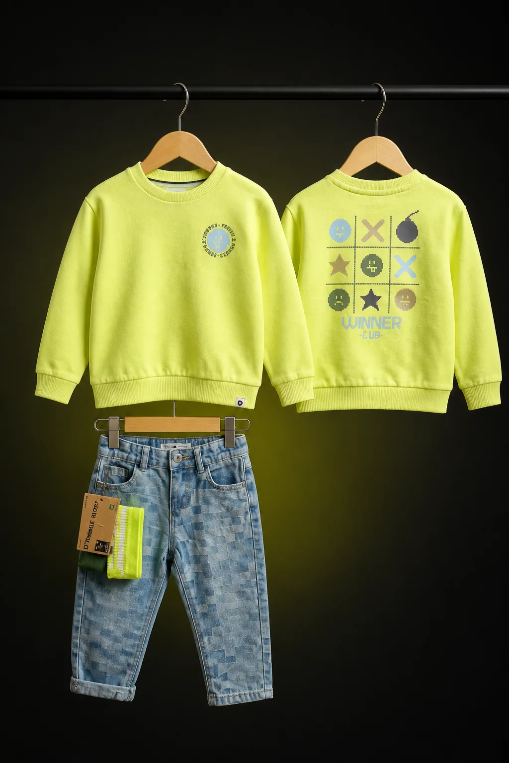 Game On Lime: Neonlime sweat met speelse ruitdenim en frisse sokken.