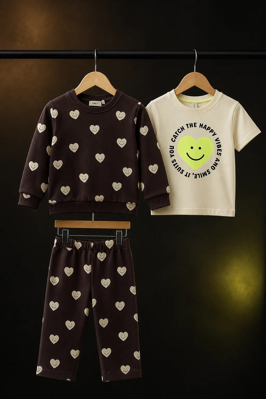 Heart & Smile: Chocoladebruine hartjesset met een frisse smiley-tee erbij.