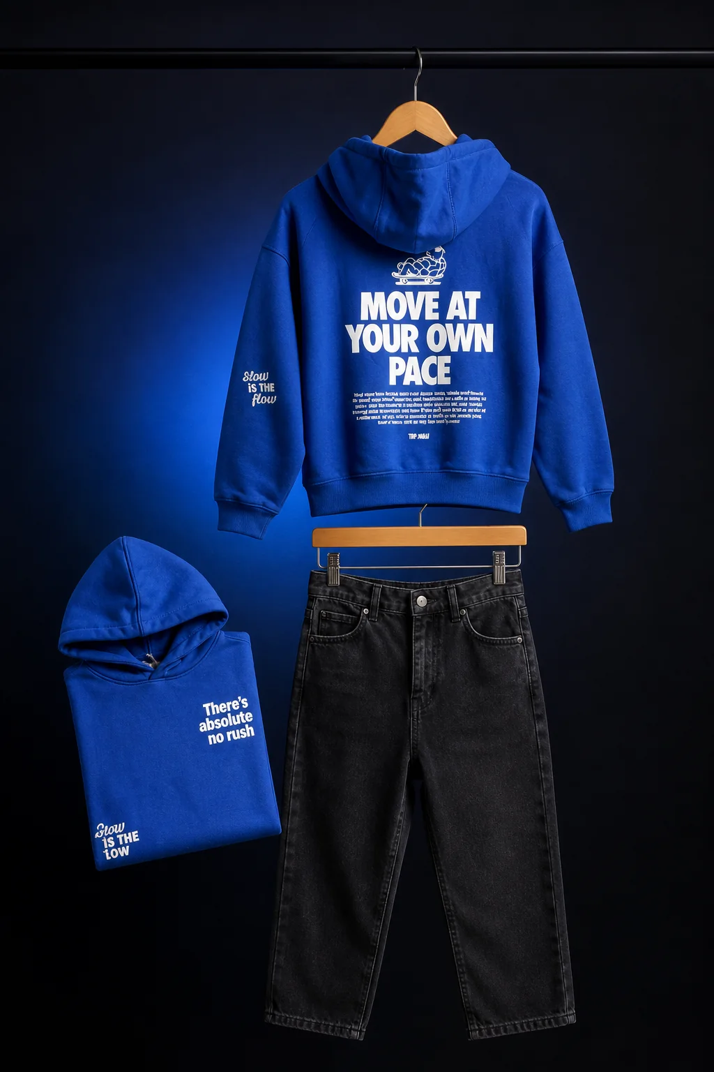 Move at Your Own Pace: Kobaltblauwe hoodie met zwarte denim: simpel, sterk en raak.