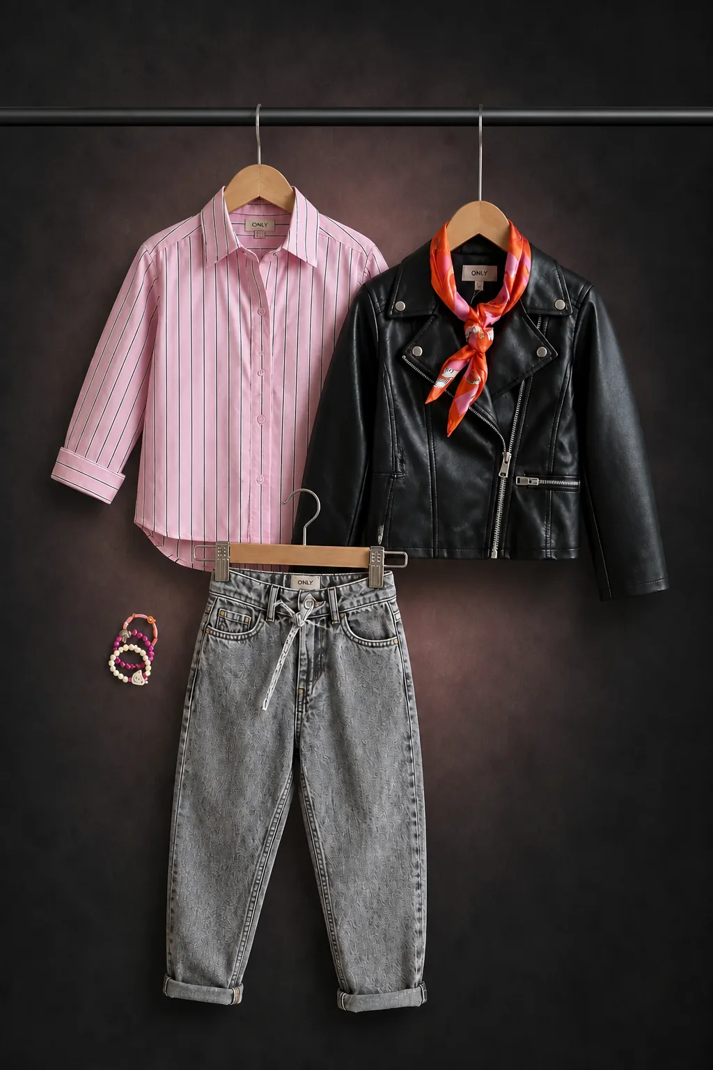 Pink Stripe & Biker: Roze streep, grijze denim en een zwart bikerjack met pit.