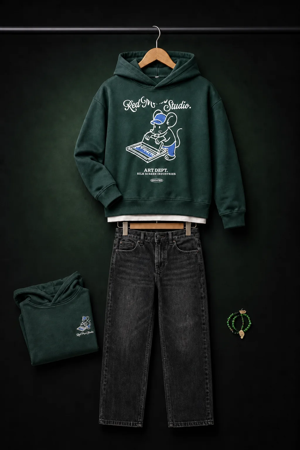Red Mouse Studio: Diepgroene hoodie met muisprint en donkere denim.