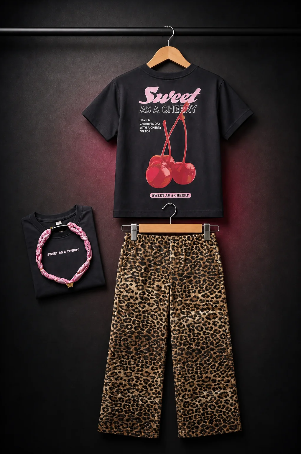 Sweet as a Cherry: Kersenprint, roze details en leopard denim voor een uitgesproken set.