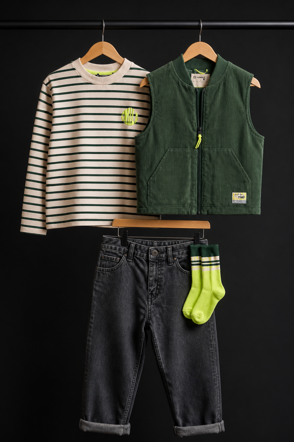 Tumble Green Layers: Gestreepte longsleeve, groene rib-bodywarmer en donkere denim met neon sokken.