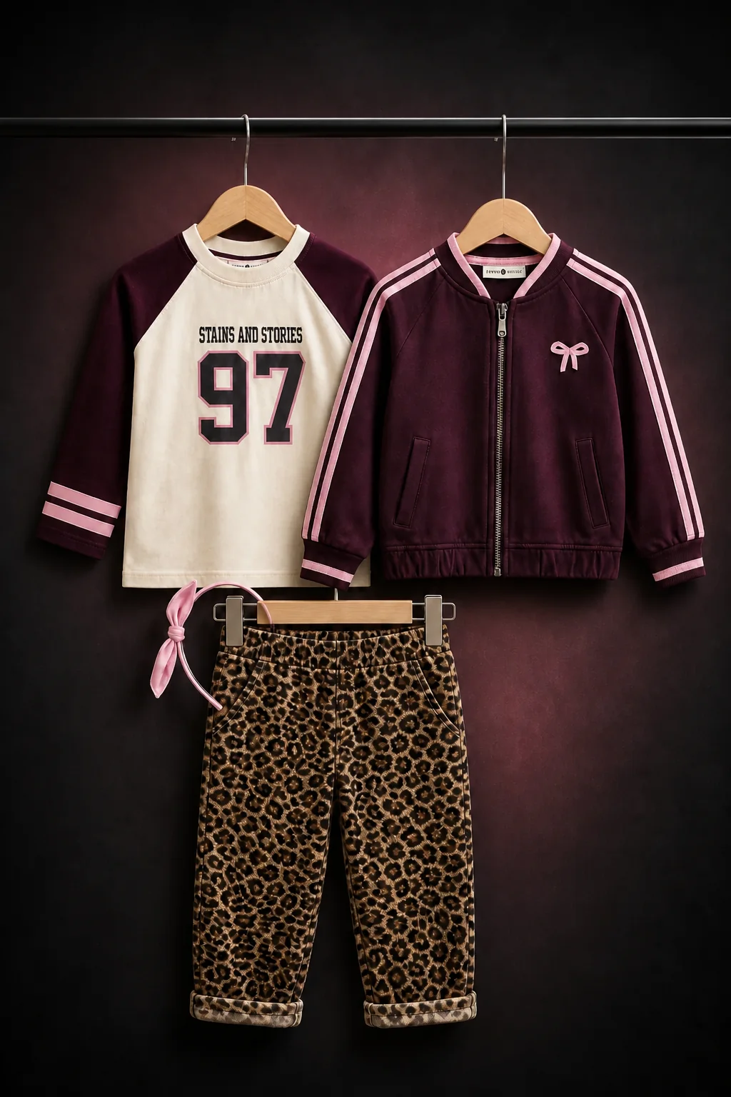 Varsity Leo 97: Bordeaux varsity, zachtroze details en een flinke dosis leopard.