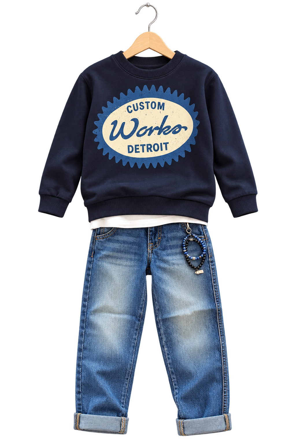 Detroit denim: Donkerblauwe sweater met Detroit-print, een wit shirt en blauwe jeans. Een armband maakt de look compleet.