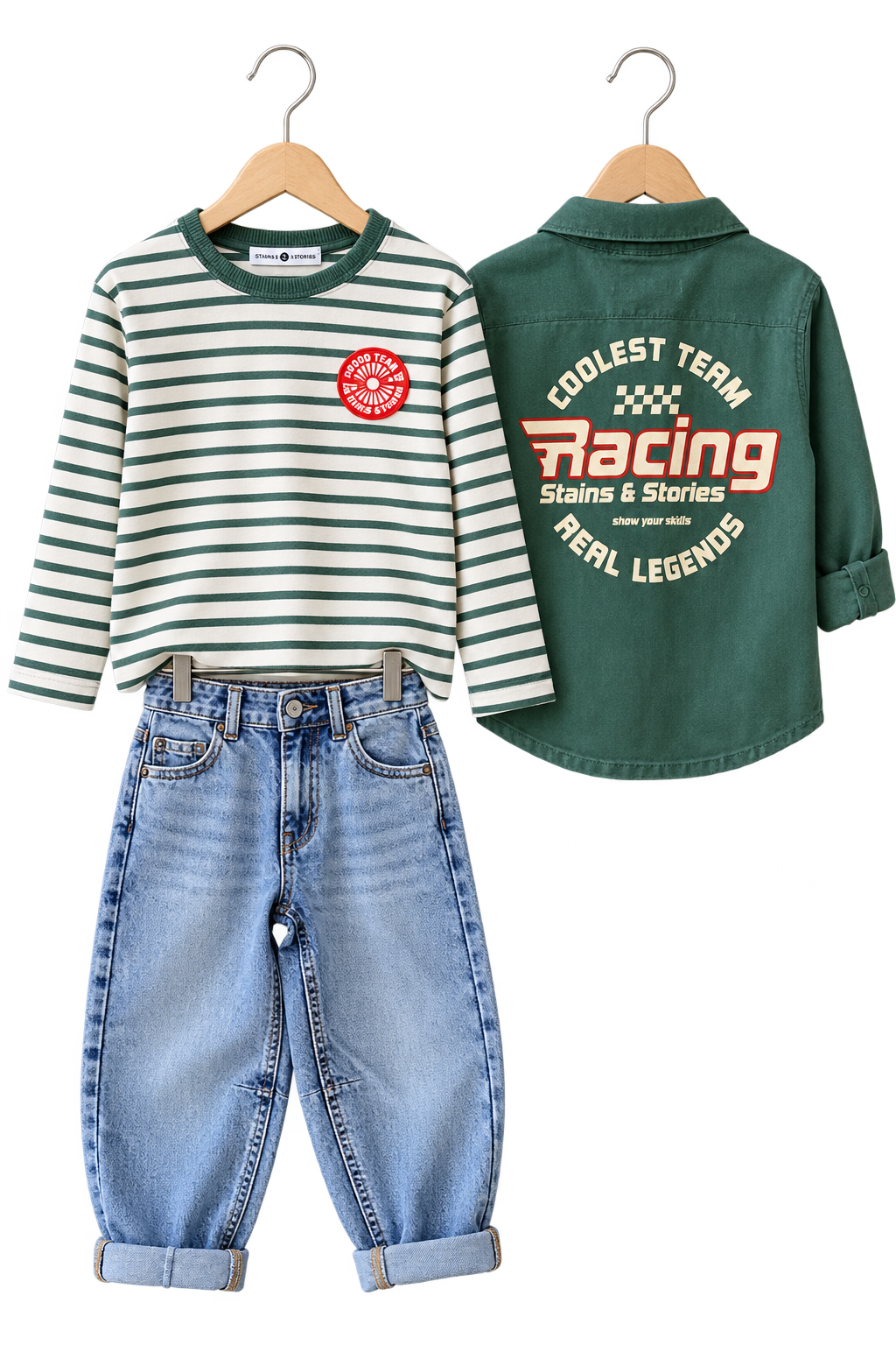 Racing green: Groene strepen, een blouse met Racing-print en een fijne balloon jeans. Officieel een meidenjeans, maar ook te gek voor stoere boys.